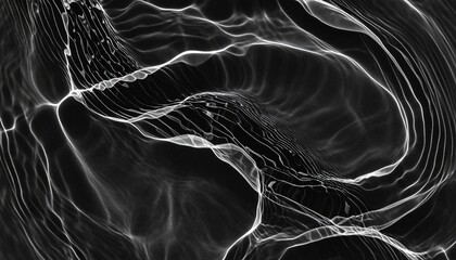 Black water caustic light, ripples, reflection, surface, contrast, texture, fluidity, motion, shimmer, pattern, highlights, shadows, abstract, liquid, luminous, dark, dynamic, undulating, glowing, nat