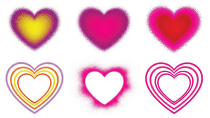 Six colorful heart shapes with textured and outline designs on a white background.