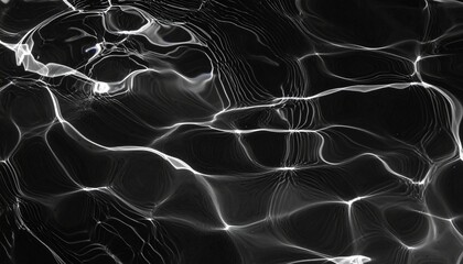 Black water caustic light, ripples, reflection, surface, contrast, texture, fluidity, motion, shimmer, pattern, highlights, shadows, abstract, liquid, luminous, dark, dynamic, undulating, glowing, nat
