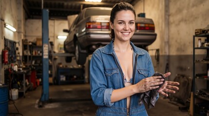 Caucasian woman mechanic in denim jumpsuit wiping greasy hands with rag and smiling in garage. Automotive maintenance and female empowerment banner with copy space