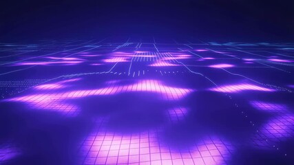 Abstract digital landscape with glowing purple grid patterns. Represents technology, innovation, and futuristic design concepts