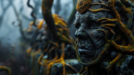 The image presents a close-up of a highly detailed robotic face intertwined with organic vines, representing the fusion of technology and nature in a hauntingly beautiful manner.