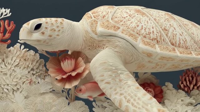 Artistic sea turtle sculpture with coral and floral elements