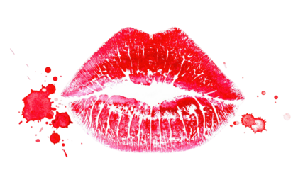 A vibrant, watercolor-style kiss print on black, with bold red lipstick and splatter