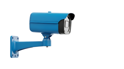 Blue surveillance camera on a wall mount