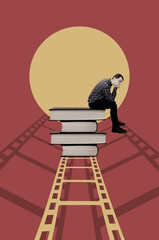 Collage art with a man sitting on the books and film strip