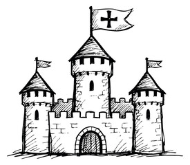 Fototapeta premium Hand drawn illustration of a medieval castle depicting a flag with a cross for fairytales and history