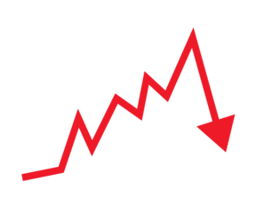 Red zigzag downward arrow showing decline, loss, decrease and negative business trend