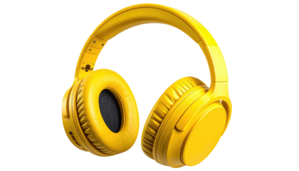 A vibrant yellow pair of over-ear headphones, isolated against a transparent background