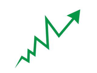 Green sharp zigzag upward arrow for growth, rising trend, increase, business success, analytics, and performance improvement