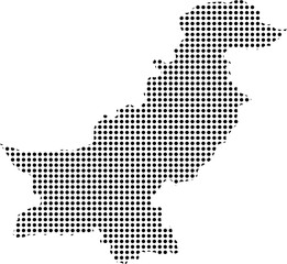 Black and white dotted silhouette map graphic representing the political geographical outline of the nation of Pakistan isolated on white.