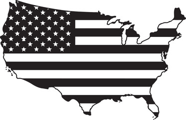 Stylized black and white silhouette map of the United States filled with the iconic stars and stripes American flag pattern design