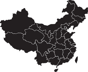 Black silhouette map illustrating the detailed administrative provincial divisions of the People's Republic of China shown clearly against a white background