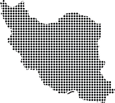 Stylized black and white dotted graphic representation of the modern political geographic map shape of Iran country