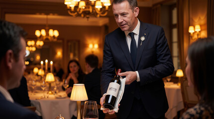Caucasian male sommelier presenting bottle of red wine to couple at dinner table in luxury restaurant. Fine dining and professional service
