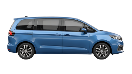 Blue minivan with sliding doors and tinted windows