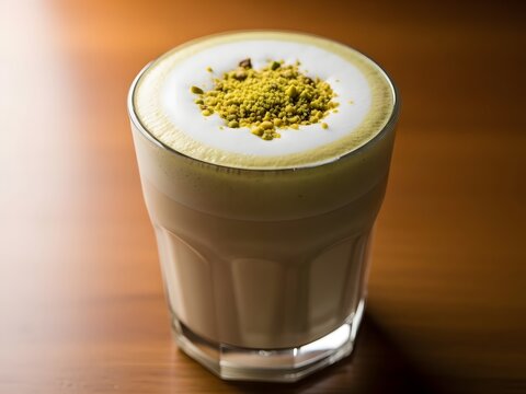 Creamy pistachio latte with nut toppings
