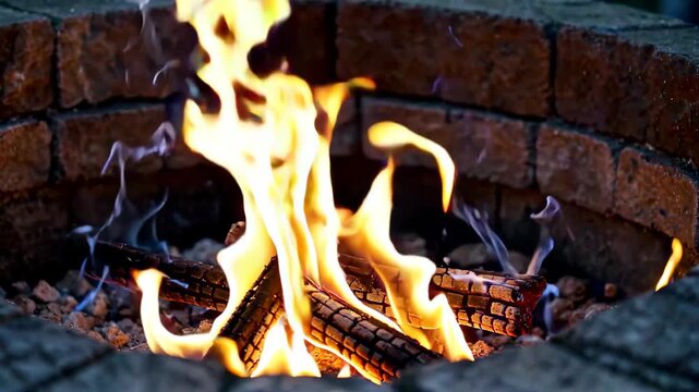 Flames burning in a brick fire pit