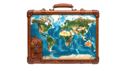 A vintage-style suitcase revealing a world map illustration, suggesting travel and adventure