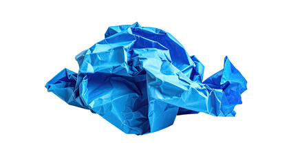 A wad of bright blue paper, crumpled and textured against a stark black background
