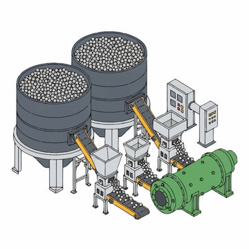 Industrial Processing Plant with Storage Silos and Conveyor System.