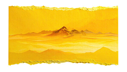 A watercolor painting of golden mountains and a hazy landscape on torn paper