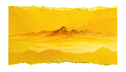 A watercolor painting of golden mountains and a hazy landscape on torn paper
