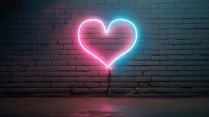 Minimalist photography of neon heart sign glowing on brick wall, modern urban Valentine's Day aesthetic
