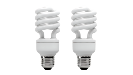 Two white spiral light bulbs on transparent background