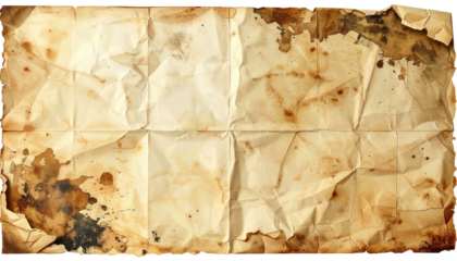 A weathered and stained sheet of paper, folded multiple times, with spots and discoloration