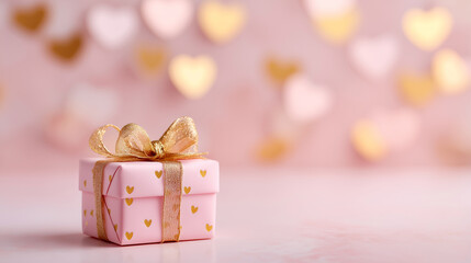Small pink gift box with golden hearts and bow on pink background  
