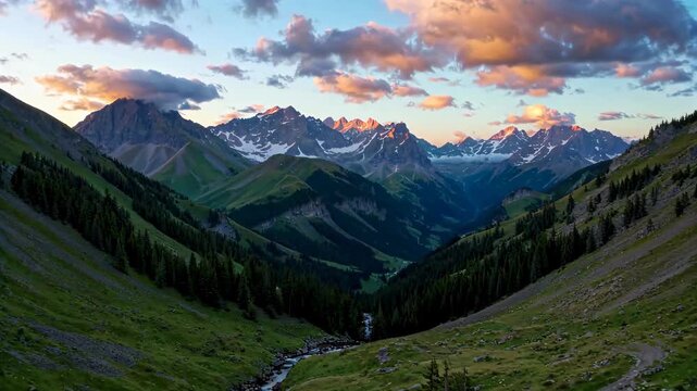 Dusk view of mountains and forests between valleys