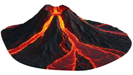 Erupting volcano with lava flow on transparent background