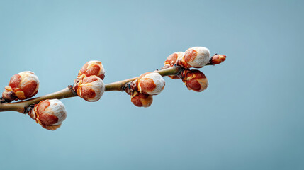 Willow branches with buds on light blue background  