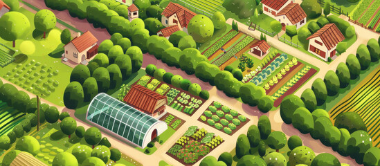 Cultivated Haven: A vibrant, top-down view showcases meticulously organized plots, flourishing gardens, and quaint cottages, offering a glimpse into the idyllic simplicity of agricultural life.