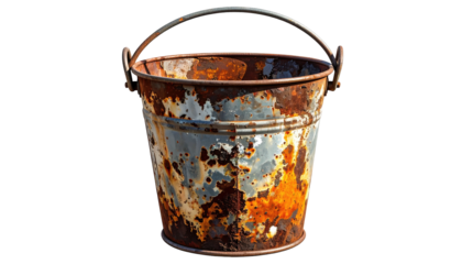 A weathered metal bucket, showing signs of rust and age. The handle is visible and intact