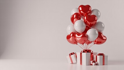 Red and white heart shaped balloons tied to gift boxes with ribbons on a light background for valentines day with celebration