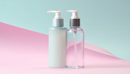 Two cosmetic bottles with pumps on a pastel background.