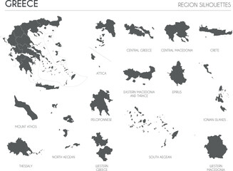 Greece region silhouettes set and blank map of the country isolated on white background. Vector illustration design
