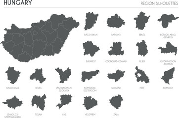 Hungary region silhouettes set and blank map of the country isolated on white background. Vector illustration design