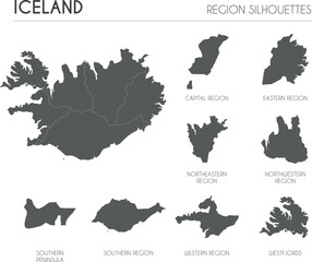 Iceland region silhouettes set and blank map of the country isolated on white background. Vector illustration design