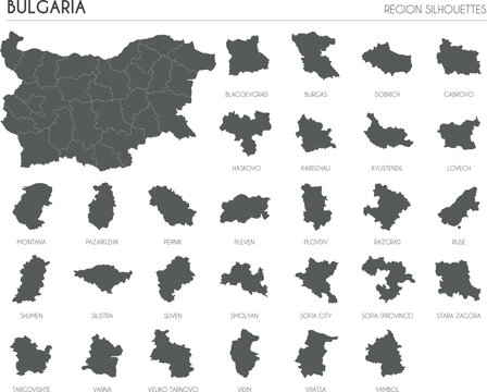 Bulgaria region silhouettes set and blank map of the country isolated on white background. Vector illustration design