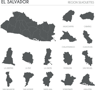 El Salvador region silhouettes set and blank map of the country isolated on white background. Vector illustration design