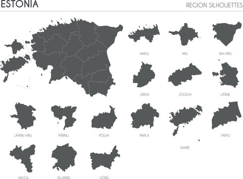 Estonia region silhouettes set and blank map of the country isolated on white background. Vector illustration design