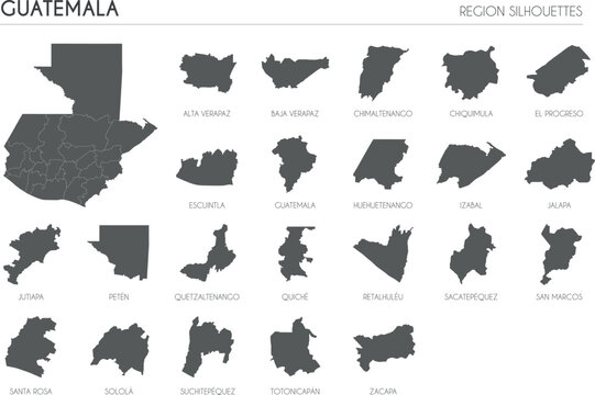 Guatemala region silhouettes set and blank map of the country isolated on white background. Vector illustration design