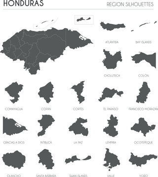 Honduras region silhouettes set and blank map of the country isolated on white background. Vector illustration design