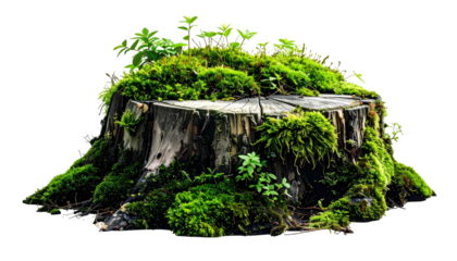 A weathered tree stump, covered in vibrant green moss and small plants, set against a dark backdrop