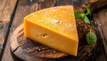 A Wedge of Aged Cheddar Cheese on a Rustic Wooden Board.