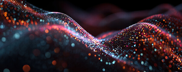 Digital abstract background with flowing particle waves and glowing color depth