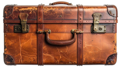 A weathered, vintage suitcase crafted from brown leather, closed with clasps and straps